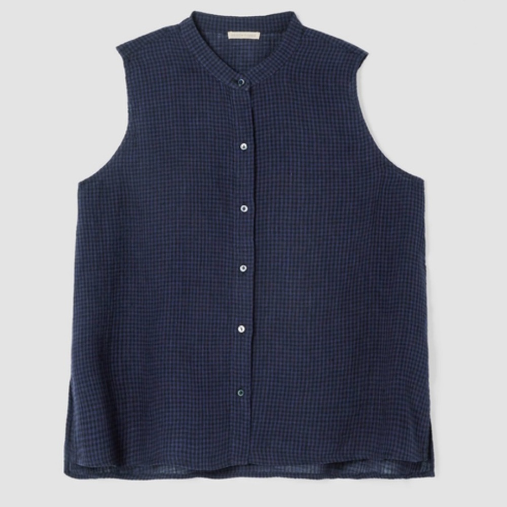 Eileen Fisher Puckered Organic Linen Sleeveless Shirt in Blue/Black Size 1X. NWT